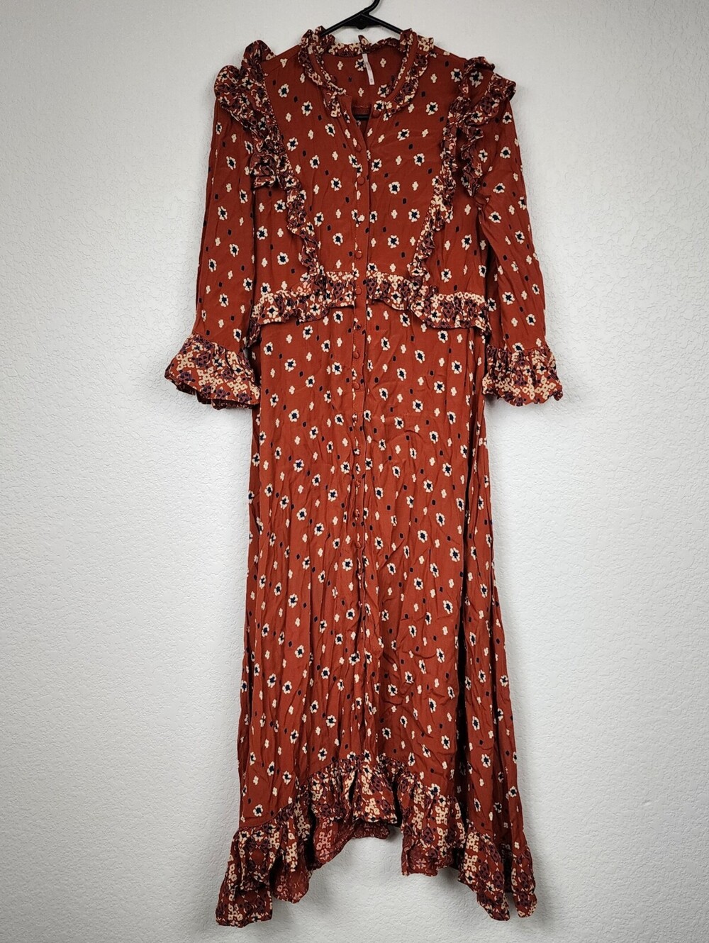 Free People Rust Orange Ruffle Boho Cottagecore Dress
